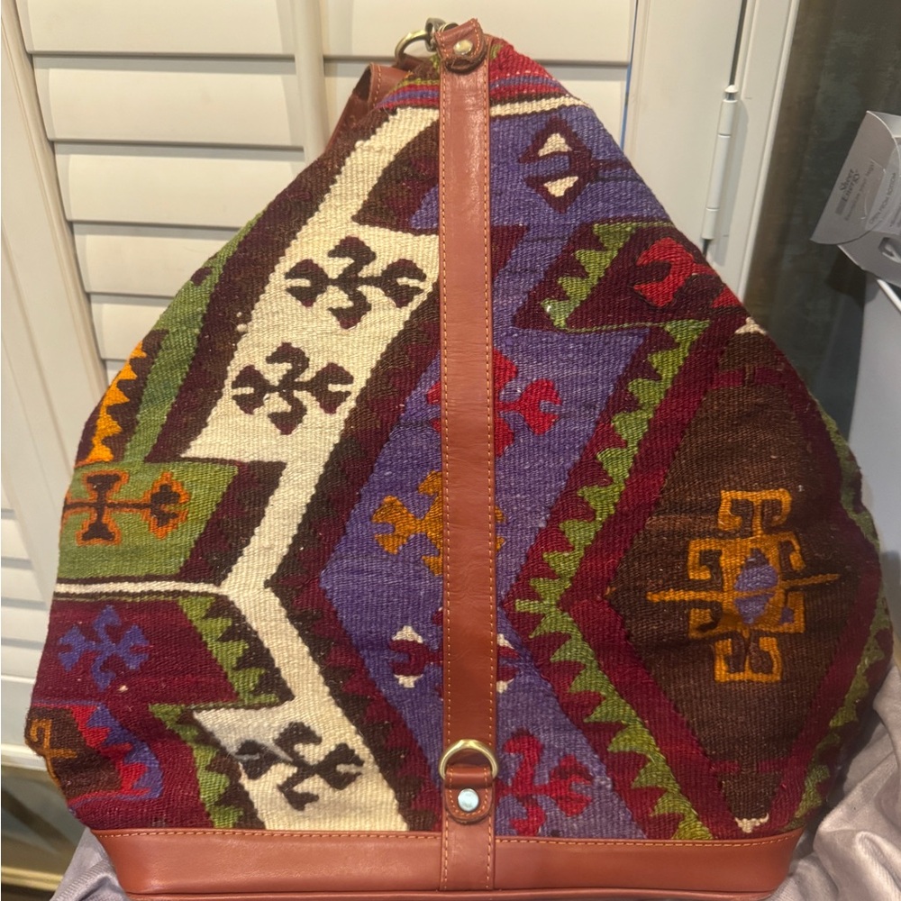 Boho Woven‎ Wool Multicolor aztec Leather-Trim Shoulder Bag Back Pack  YUN ART